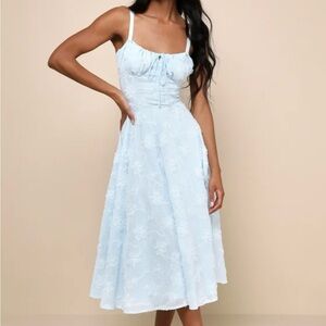 NEW Lulu’s Light Blue Rosette Bustier Lace-Up corset style peasant Midi Dress
